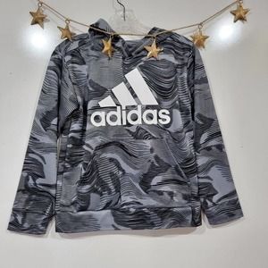 Adidas Boys Warp Camo Grey Black All Over Print Pullover Hoodie Pockets Size M